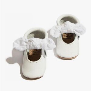 Freshly Picked Soft Sole Knotted Bow Moccasins Ivory Swiss Dots